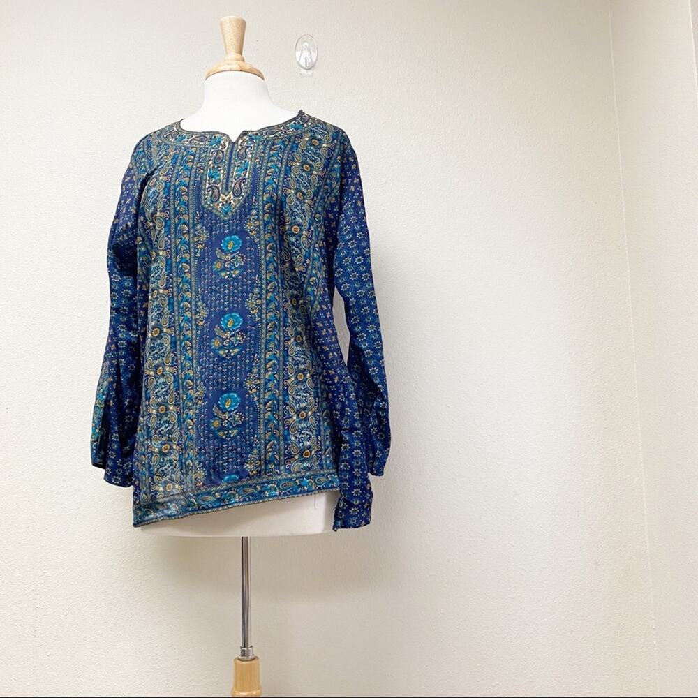 Printed Popover Tunic Top Blue and Green XL